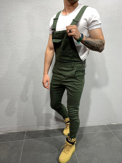Men's Skinny Fit Flap Pocket Denim Overalls
