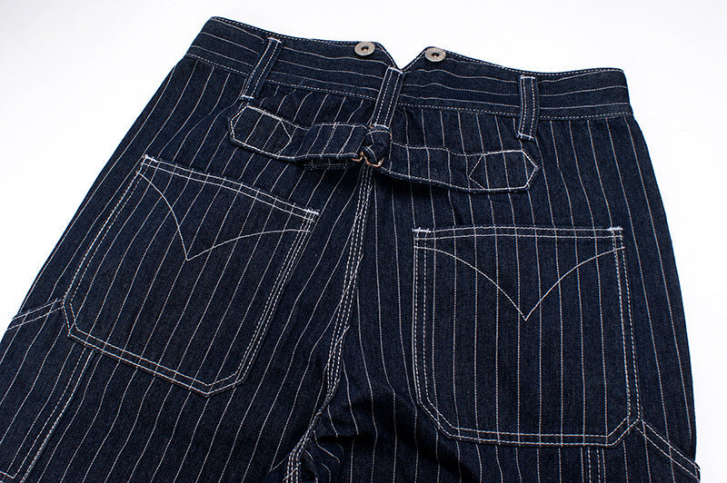 Vintage-Inspired Striped Straight Denim Suspender Jeans Overalls