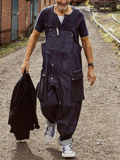 Loose Denim Overalls with Color Matching Pocket