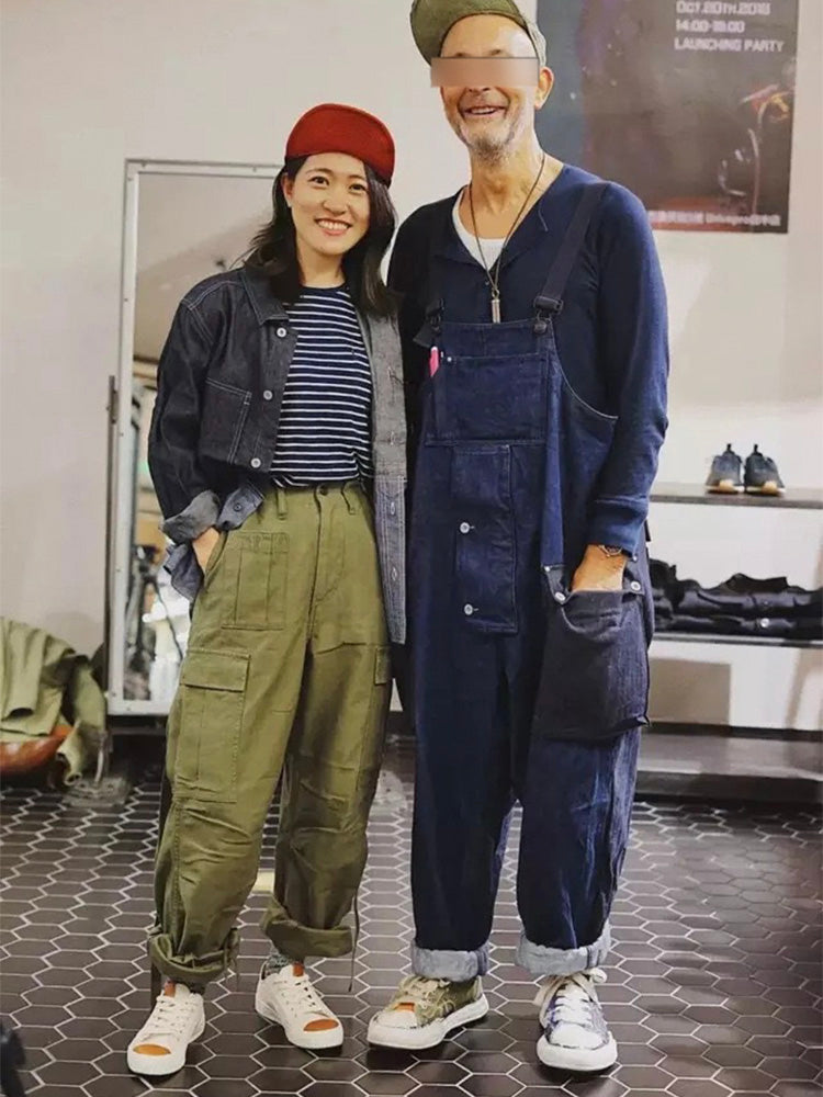 Loose Denim Overalls with Color Matching Pocket