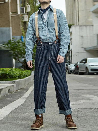 Vintage-Inspired Striped Straight Denim Suspender Jeans Overalls