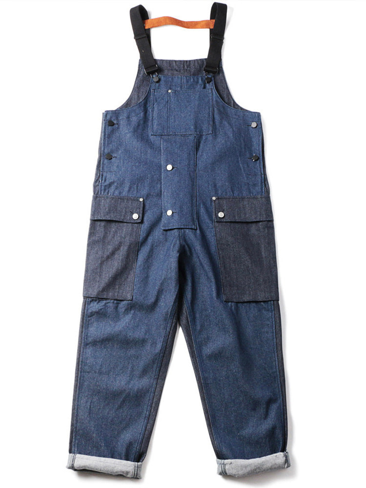 Loose Denim Overalls with Color Matching Pocket