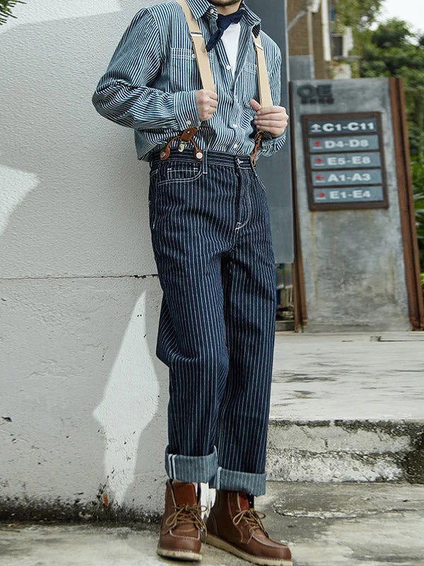 Vintage-Inspired Striped Straight Denim Suspender Jeans Overalls