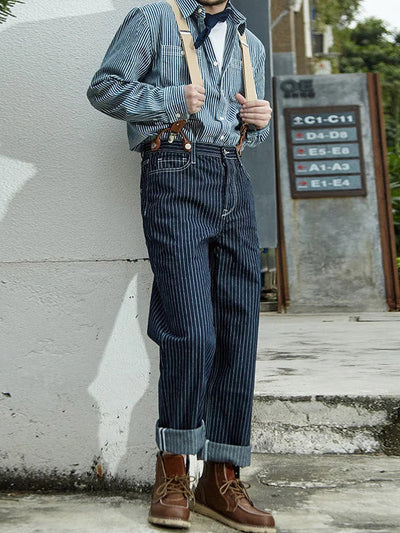 Vintage-Inspired Striped Straight Denim Suspender Jeans Overalls