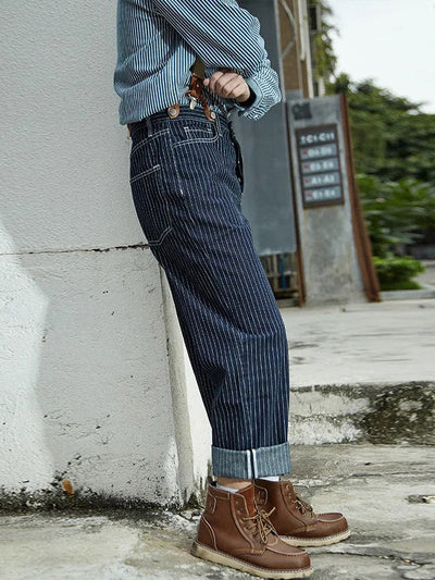 Vintage-Inspired Striped Straight Denim Suspender Jeans Overalls