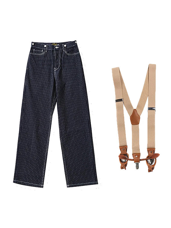 Vintage-Inspired Striped Straight Denim Suspender Jeans Overalls