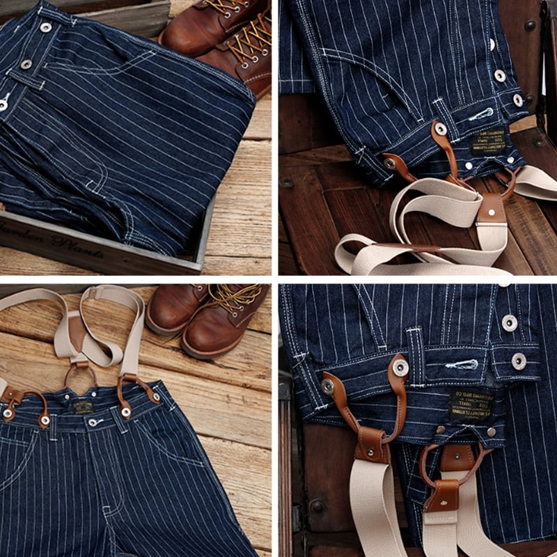 Vintage-Inspired Striped Straight Denim Suspender Jeans Overalls