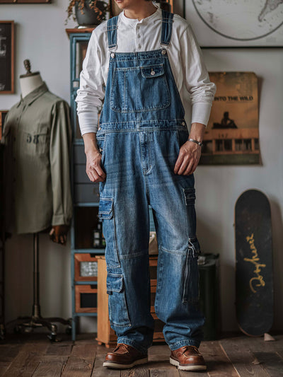 Men's Denim Bib Overalls with Dual Flap Pockets