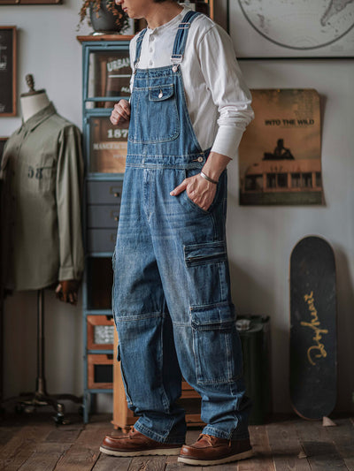 Men's Denim Bib Overalls with Dual Flap Pockets