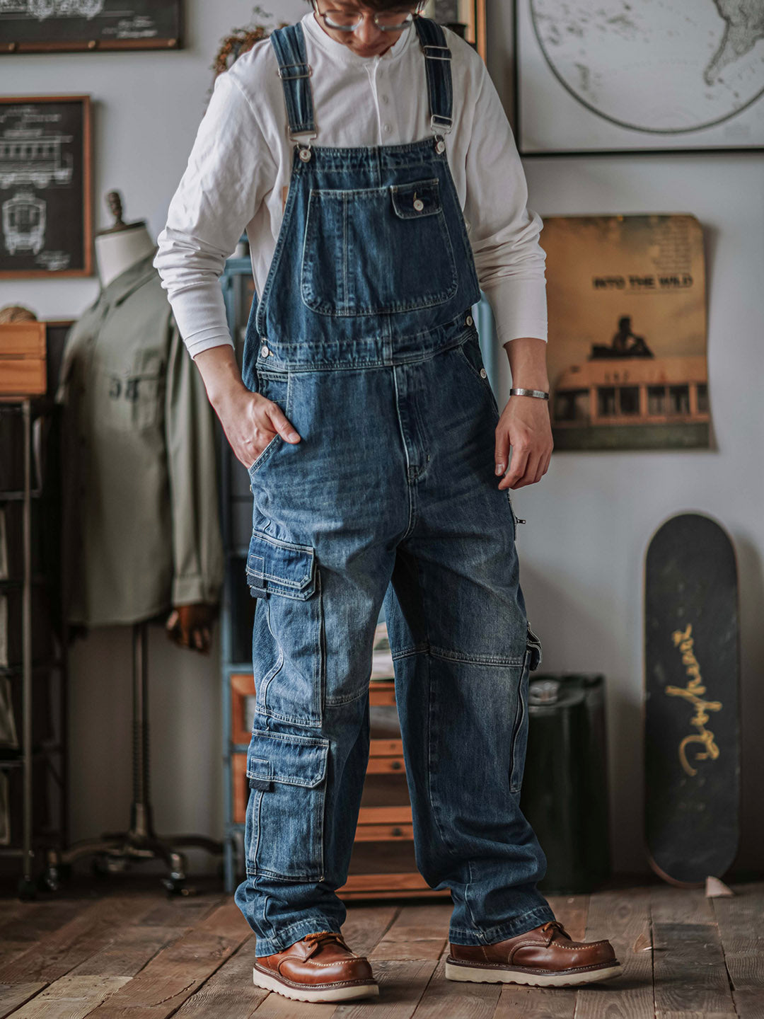 Men's Denim Bib Overalls with Dual Flap Pockets