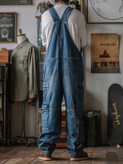 Men's Denim Bib Overalls with Dual Flap Pockets