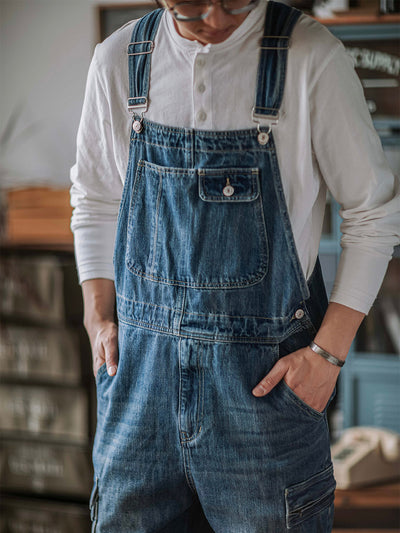 Men's Denim Bib Overalls with Dual Flap Pockets