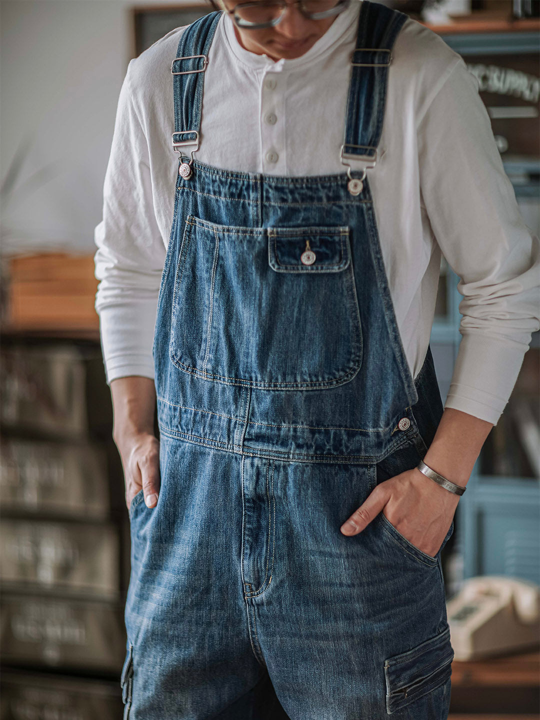 Men's Denim Bib Overalls with Dual Flap Pockets