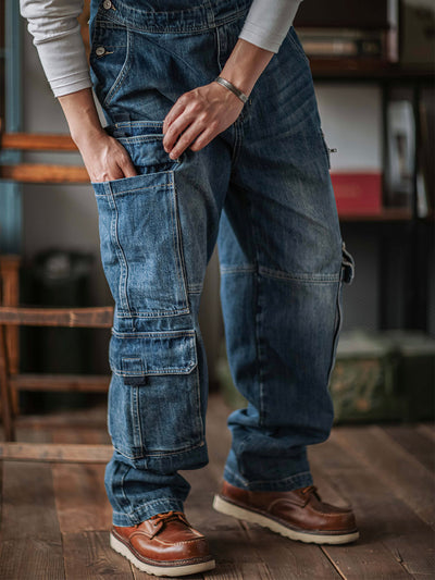 Men's Denim Bib Overalls with Dual Flap Pockets